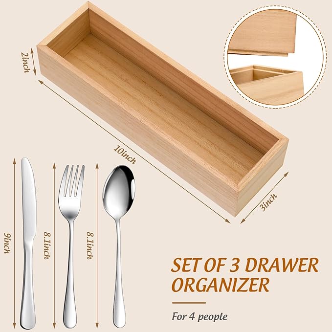 Baderke 3 Pcs Bamboo Drawer Organizer 10 x 3 x 2'' Kitchen Silverware Organizer Tray Long Stackable Storage Box Wooden Utensil Holder with Silverware Set for Kitchen Bathroom Cabinet(Natural)