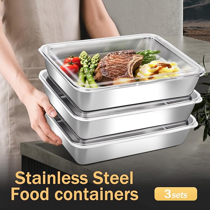 3-Pack Stainless Steel Food Storage Containers with Clear Lids - Stackable Meal Prep Trays for Lunch, Leftovers, Freezer & Dishwasher Safe(10x7.68x2.1in)