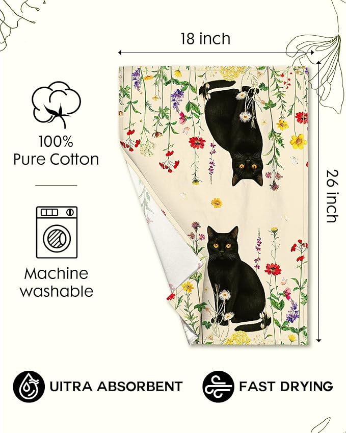 Miss Adola Flour Sack Kitchen Towels Set of 2-18x26 Cotton Dish Towels with Hanging Loop Reusable Tea Towel for Cleaning Spring Absorbent Dishcloths Cute Home Decor Housewarming, Retro Cats Floral