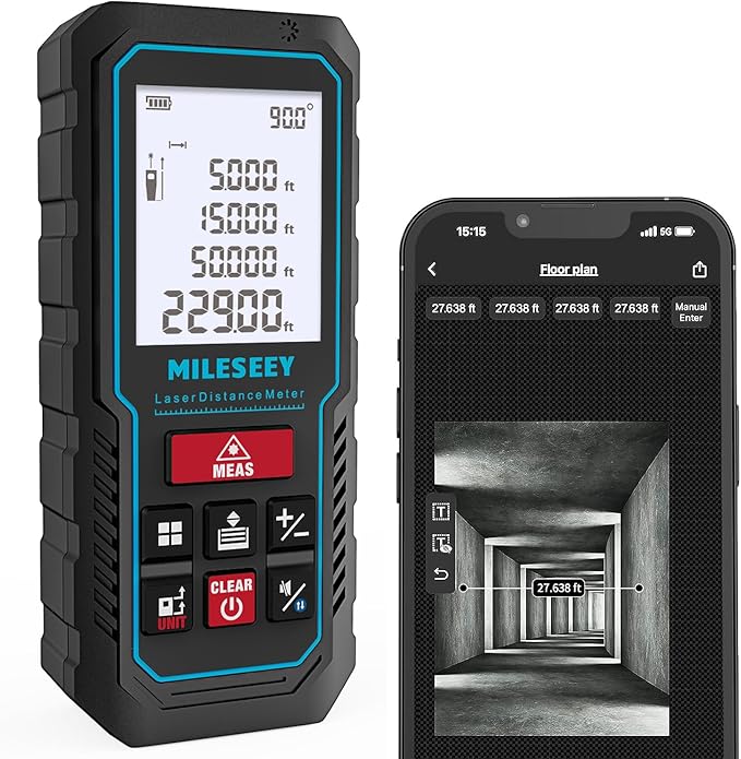 MILESEEY Laser Measurement Tool, 229Ft Laser Measure with Digital Angle Level, Laser Tape Measure with Phone App, Record Data and Make Your own Sketch Support Hand-Drawn Plan/Draw on Picture