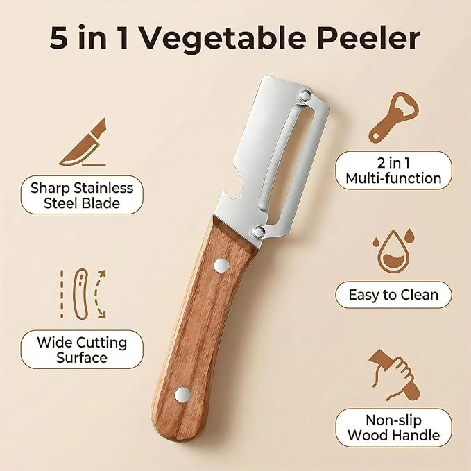 2-in-1 stainless steel vegetable peeler with wooden handle and bottle opener, stainless steel blade, non-slip kitchen fruit peeler（2pcs）
