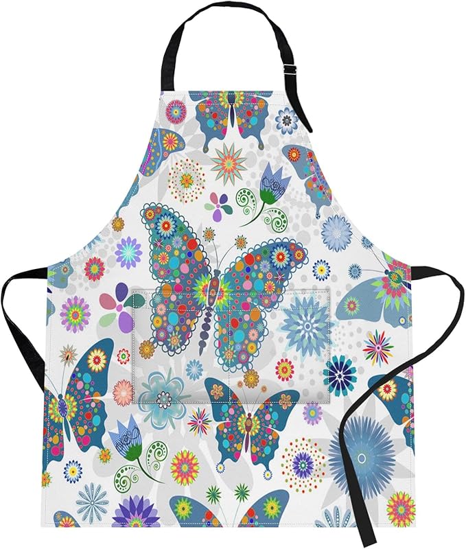 Britimes Butterfly Apron Floral Colorful Butterflies Flowers Aprons Kitchen Cooking Gardening for Women With Pockets
