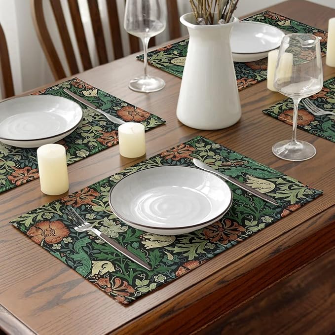Ansouyi Placemats Set of 6, William Morris Floral Art Nouveau Pattern Washable Heat Resistant Linen Table Mats, Kitchen Decor Non-Slip Place Mats for Party Dining, 12x18 Inch
