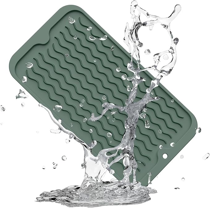 ZLR Silicone Sponge Holder & Sink Caddy Tray (6" x 12") - Narrow Dish Drying Mat for Kitchen Counter - Waterproof Soap Dispenser Organizer, Non-Slip Bathroom Vanity Tray (Dark Green)