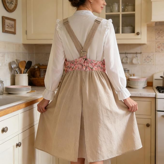 Uaussi Cotton Linen Apron Cross Back Work Apron for Women with Pockets Pinafore Dress X Cross Halter Apron for Chef Gardening