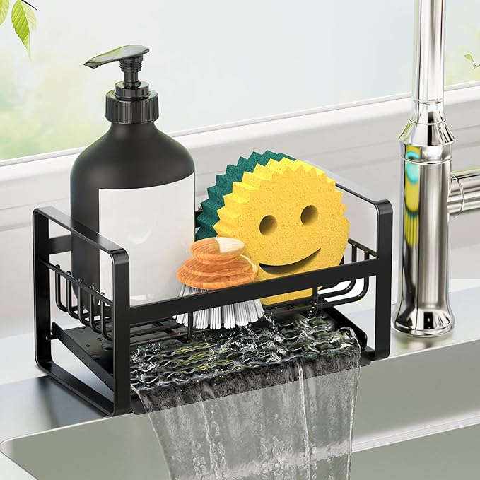 Kontoyo Sponge Holder for Kitchen Sink,Stainless Steel Kitchen Sink Organizer with Auto Draining Tray,Kitchen Countertop Soap Dispenser Organizer,Black