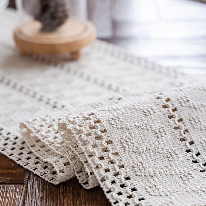 Alynsehom Macrame Table Runner Cream Beige Boho Table Runners with Tassels Hand Woven Cotton Table Runner Rustic Farmhouse Table Runners for Bohemian Kitchen Dining Table(12x60in)