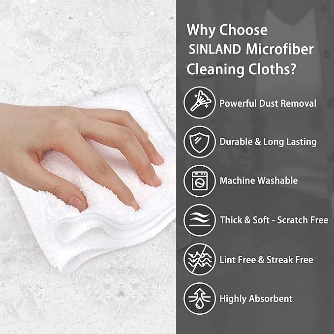 SINLAND Microfiber Cleaning Cloth Dish Cloth Kitchen No Streak Absorbent Dish Rags Lens Cloths 12Inchx12Inch 12 Pack White