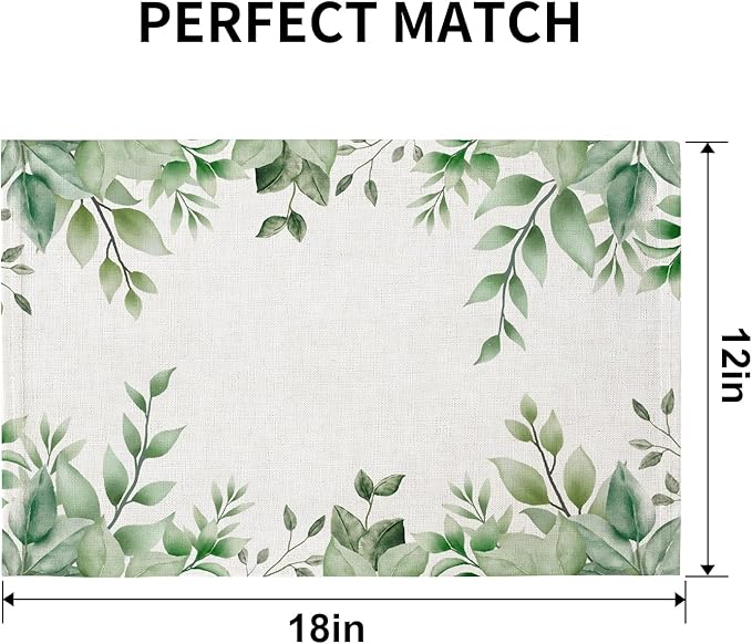 QiyI Boho Placemats Set of 4, 12x18 Inch Linen Fabric Place Mats for Kitchen Dinning, Farmhouse Rustic Cloth Table Mats, Washable Placemat Watercolor Foliage Party Table Décor, Green Leaves Border