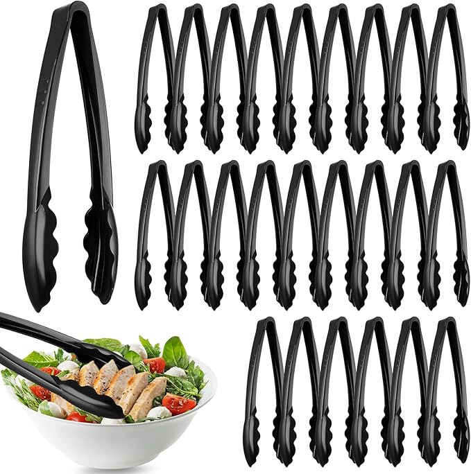 Tessco for you 25 Pcs Plastic Tongs for Serving Bulk, 9 Inch Plastic Disposable Serving Tongs, Heavy Duty Salad Tong for Kitchen, Buffet, BBQ, Events & Catering (Black)