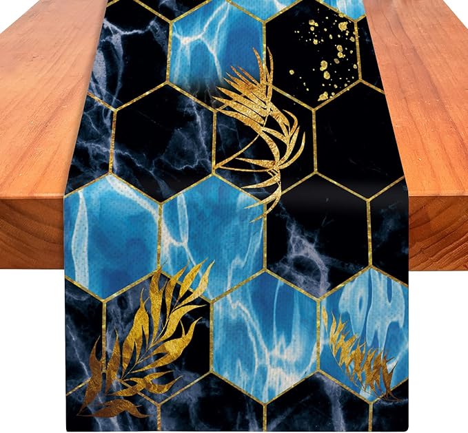 Marble Table Runner 72 Inches Long, Navy Blue Golden Marble Texture Table Runner Dresser Scarves, Abstract Art Burlap Dining Room Table Decor for Kitchen Farmhouse Indoor Outdoor Home Party