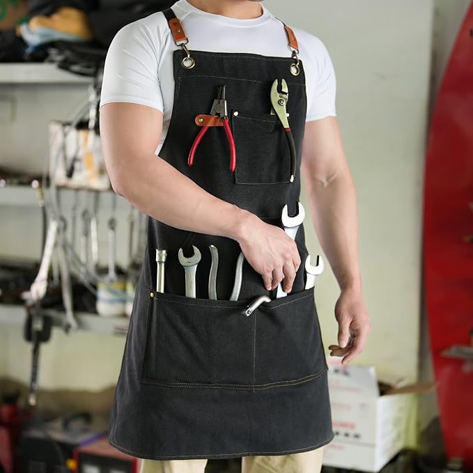 Aoomzoon Canvas Aprons for Men Chef Apron, Work Apron with Large Pockets - 16oz Heavy Duty Cross Back, BBQ, Cooking