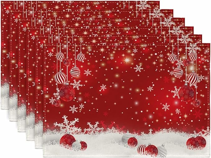 Ansouyi Placemats Set of 6, Red Snowflakes Christmas Balls Washable Heat Resistant Linen Table Mats, Kitchen Decor Non-Slip Place Mats for Party Dining, 12x18 Inch