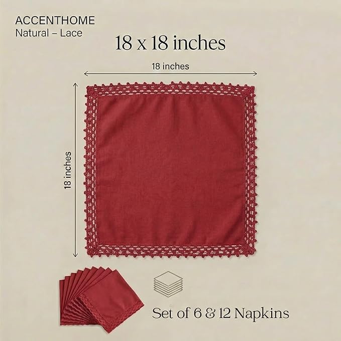 ACCENTHOME Red Cloth Napkins Set of 12 18x18 inch Cotton Dinner Napkins - Washable Soft Premium Hotel Quality Reusable Napkins Perfect Table Napkins for Family Dinners, Weddings & Everyday Use