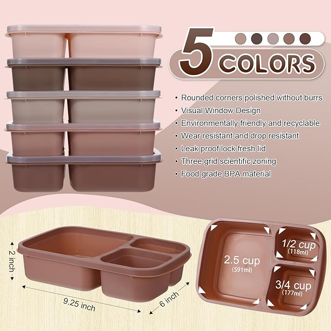 Honeydak 5 Pack Snack Containers 3 Compartment Bento Snack Boxes Divided Meal Prep Containers with Lids Reusable Adults Lunch Food Storage Box for School Work Travel(Brown)