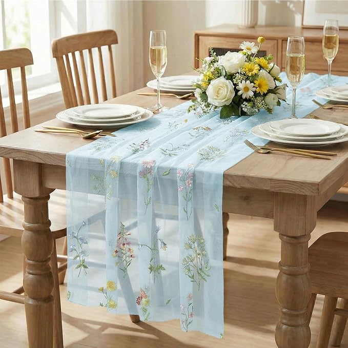 Artoid Mode Wildflower Floral Sky Blue Gauze Embroidery Table Runner 120 Inch 10FT, Tulle Seasonal Spring Kitchen Dining Table Decor for Home Party