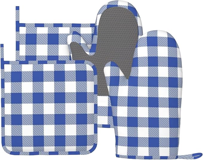 Blue and White Buffalo Plaid Oven Mitts and Pot Holders Set, 4pcs Blue and White Checkered Silicone Oven Glove for Kitchen Heat Resistant Oven Mitts and Potholders Non-Slip for Cooking