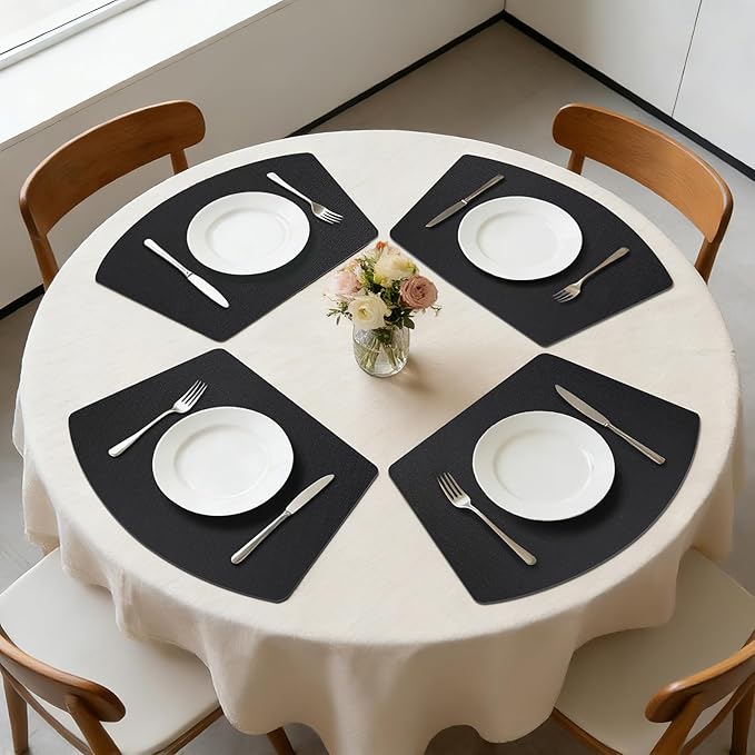 Round Table Placemats Set of 4, Dual-Sided Wedge Shape Faux Leather Table Mats, Washable Wipeable Heat Resistant Place Mats for Outdoor Indoor, Black