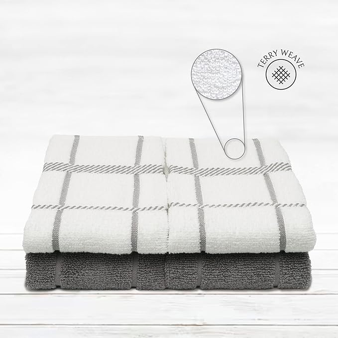 100% Cotton Terry Dish Towels, 4 Pack 16 x26 Inches, Super Soft and Absorbent Kitchen Towels, Perfect for Kitchen Cleaning and Dish Washing | Light Gray