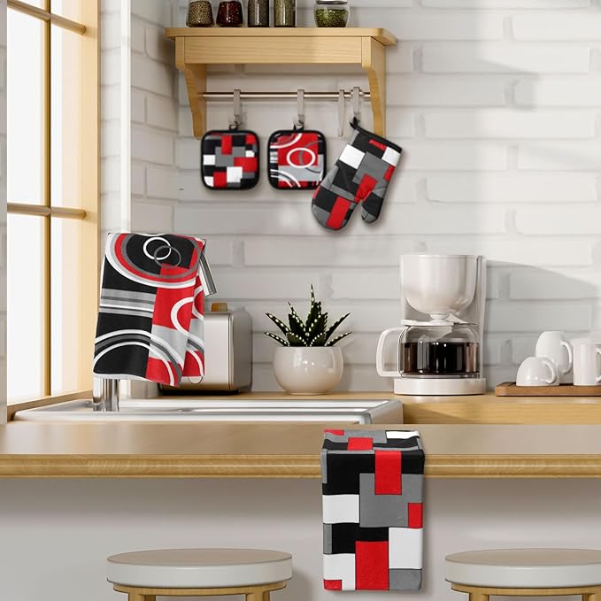 Jingmore 6 Pcs Kitchen Decor Set Accessorie Farmhouse Kitchen Towels Pot Holders Oven Mitts Set 2 Dish Towels 2 Pot Holders 2 Cooking Mittens Oven Glove for Cooking(Red and Black,Geometric)