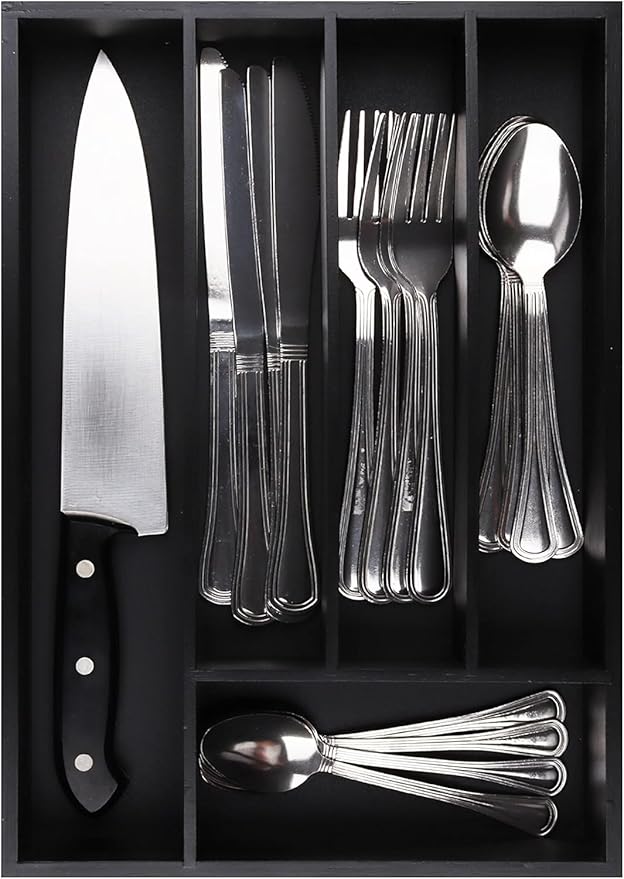 Pristine Bamboo Silverware Organizer - Kitchen Drawer Organizer and Utensil Organizer - Cutlery Tray – Flatware, Utensil and Silverware Holder - Silverware Tray for Drawer (5-Slots, Black)
