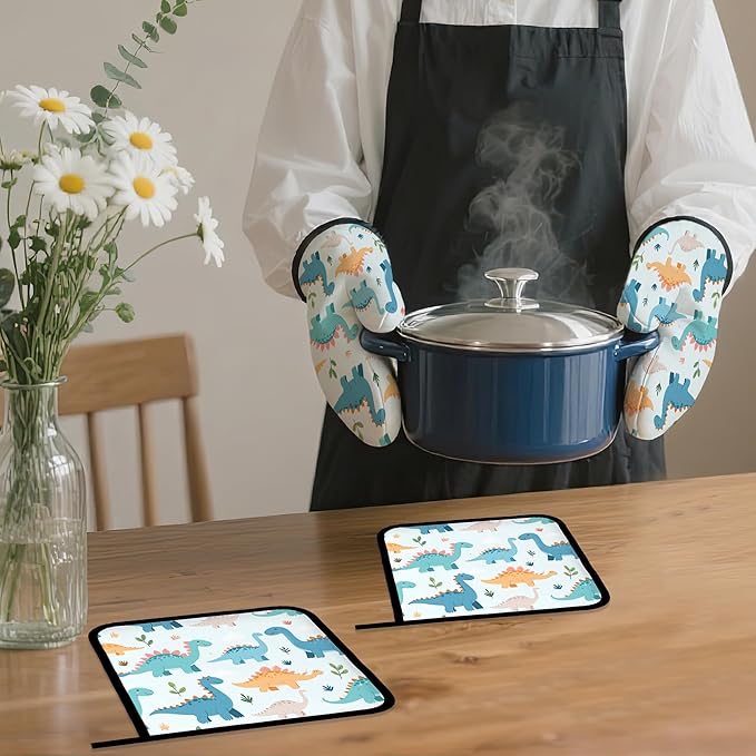 Cute Dinosaur Oven Mitts and Pot Holders,Heat Resistant Oven Mitts Gloves and Pot Holder for Home Kitchen Decorations Cooking Baking BBQ Gifts,Set of 4