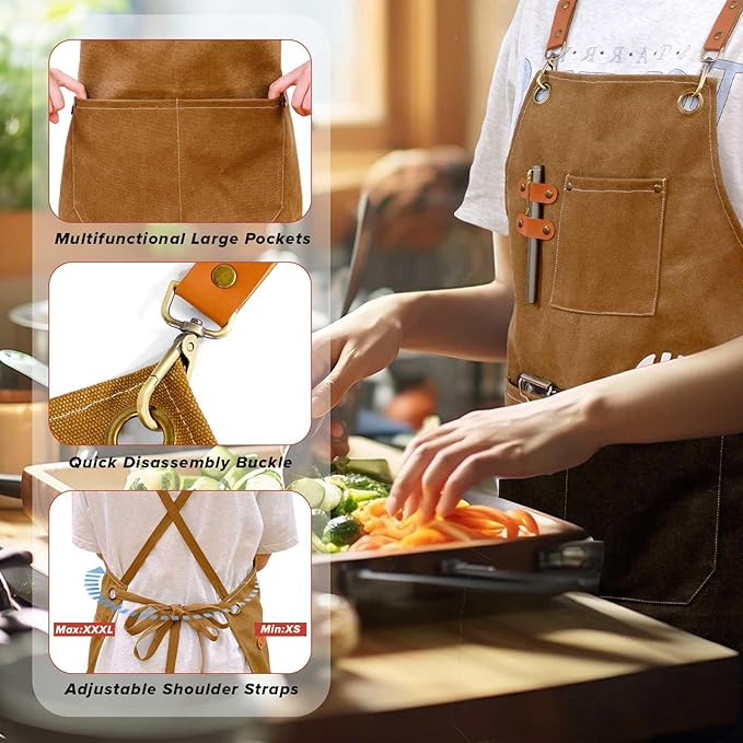LZMS Chef Apron for Men & Women, Canvas Cross Back Work Apron with 3 Large Pockets, Water-Resistant, Adjustable Size M-XXL