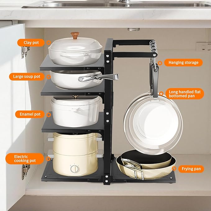 4-Tier Pot and Pan Organizer Rack, Adjustable Kitchen Cabinet Storage with Hooks, Black Metal, Space-Saving Cookware Holder