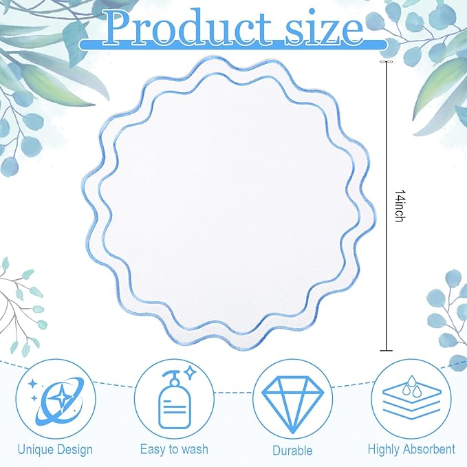 Set of 12 Cotton Linen Placemats, 15x15 Scalloped Flower Embroidery Cloth Table Mats Double Layered Fabric Washable Wrinkle Free Dining Placemat for Restaurant Kitchen Decor(White with Blue)