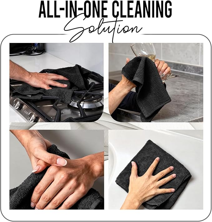 RIVERSIDE Pack of 12 Washcloths, 12 x 12 Inches, 100% Cotton, Premium Flannel Face Cloths, Highly Absorbent & Soft Feel Fingertip Towels (Black, 12 Pack)