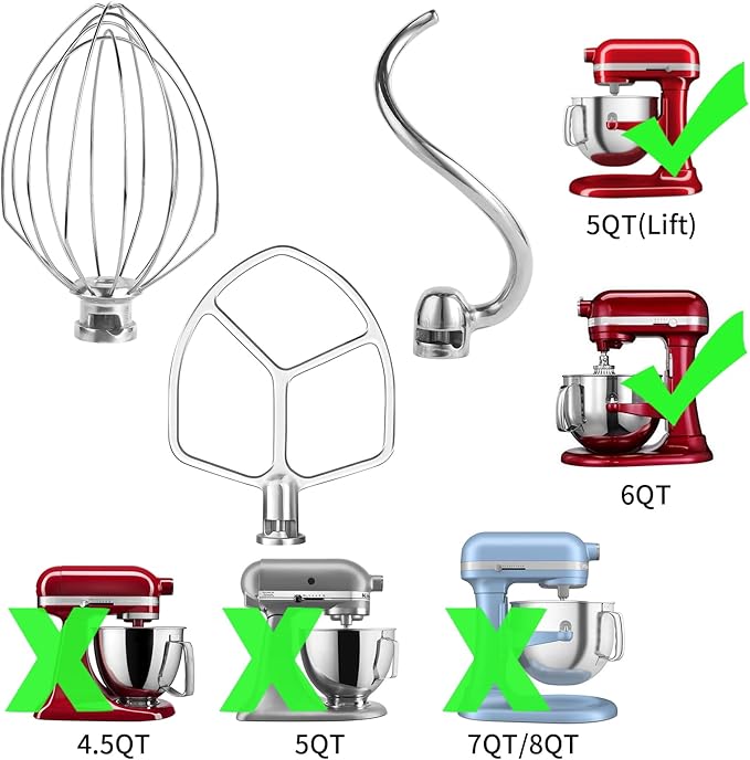 Stainless Steel 3 Piece kit Attachments，Dough Hook 6 Wire Whisk Flat Beater Compatible with KitchenAid 5 Plus -6QT Mixer，Bowl Lift Stand Mixer Accessory，Rust Resistant，Dishwasher Safe