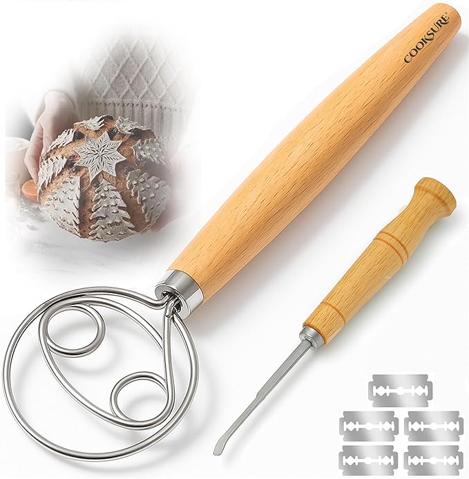 Sourdough Tools Danish Dough Whisk & Bread Lame Set for Sourdough Bread – Wooden Handle Dough Whisk Mixer and Bread Scoring Tool, Artisan Sourdough Baking Tools & Bread Baking Supplies