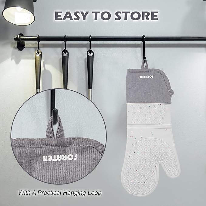 Extra Long Silicone Oven Mitts - Heat Resistant up to 500°F, 15'' Waterproof and Non-Slip Oven Gloves with Soft Quilted Liner - Perfect for BBQ, Cooking, Baking, and Grilling - 1 Pair, Light Grey
