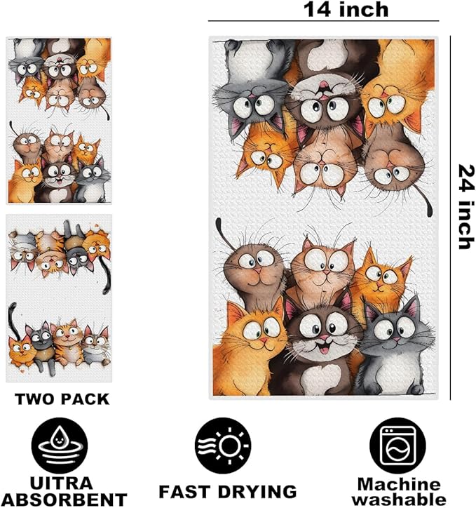 Jztco 2 Pcs Cute Cat Kitchen Towels, Cats Soft Absorbent Hand Tea Towel, Microfiber Dish Cloths for Drying Dishes, Waffle Dish Towels for Kitchen Bathroom Decor, Cat Lover Gifts for Women Mom Grandma