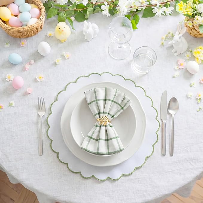 Set of 12 White Cotton Placemats 15 Inch Round Scalloped Embroidery Placemats Washable Double Layered Rustic Table Mat Fabric Napkins for Wedding Table Decor