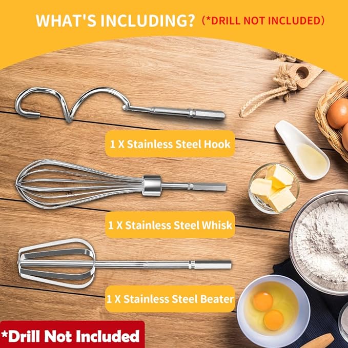 homicozy 3-Piece Stainless Steel Hand Mixer Attachment Set - Whisk, Dough Hook, Egg Beater for Drills - Dishwasher Safe, 7.5 Inch (Drill Not Included)