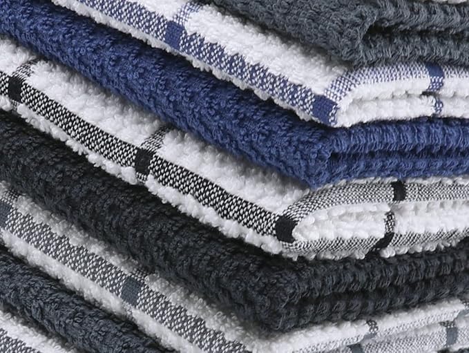 Cotton Grid Dish Cloths, Terry Cleaning Rags, 12 x 12 Inches, Light and Soft, Quick Drying Dish Rags, 8pc/Set (Blue Multi)
