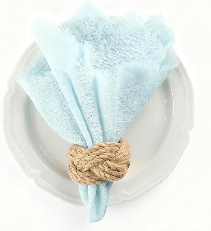 Cotton Blend Fringe Cloth Napkins - Crinkle Gauze Dinner Napkins, Reusable & Washable Table Napkins, 17" x 17" (43 x 43 cm), Multiple Colors, 12/24/48/100 Pack (12, Light Blue)