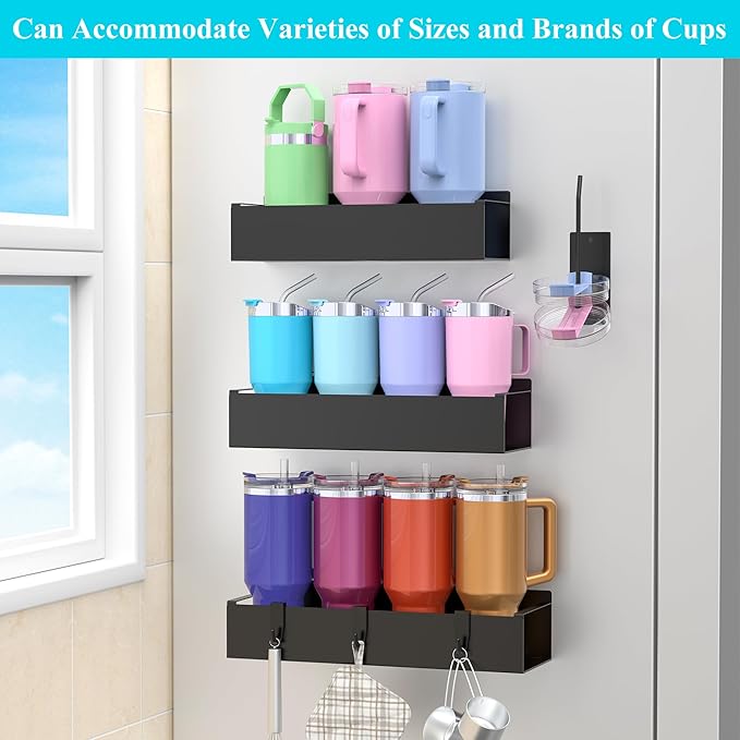 HuggieGems Metal Magnetic Water Bottle Holder for Refrigerator, Cup Holder Organizer for Stanley and Tumbler for Kitchen, 3 Pack, Jet Black