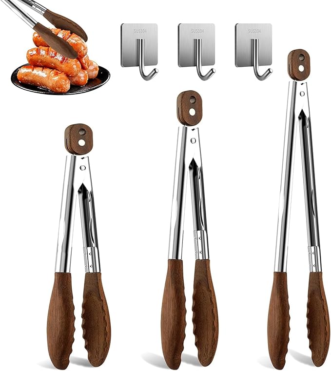 Cooking Set of 6 (3 Natural Walnut Wooden Kitchen Tongs 7",9",12",Self-Adhesive 304 Stainless Steel Hook)【Xhiver】- For Grilling, Serving, BBQ, Salad Tossing | Ergonomic Grip, Heat Resistant, Pull Lock