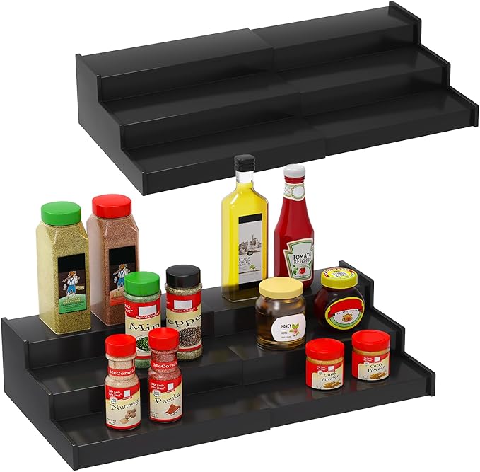 Lenwi Spice Rack Organizer for Cabinet 2 Pack, 3 Tier Expandable Bamboo Spice Storage for Kitchen Cupboard Pantry, Black