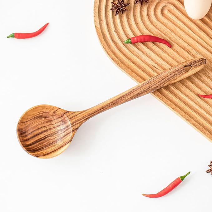 Gudamaye Wooden Soup Ladles, Natural Teak Wooden Spoons, 13 inch Big Deep Ladle for Cooking, Wood Kitchen Utensils Set