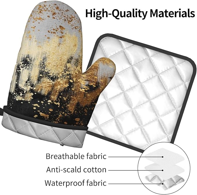 3 - Piece Black Gold Abstract Art Oven Mitts and Pot Holders Sets, Modern Decorative Black Gold Oven Gloves and Hot Pads Heat Resistant for Kitchen Cooking Baking Grilling, Gift for Women, Home Decor