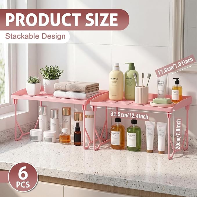 6 Pack Pink Stackable Plastic Kitchen Storage Shelf Foldable Racks, Pantry Shelf Cabinet Organizers, Expandable Storage Rack for Cabinet Fridge Bathroom (Plastic)