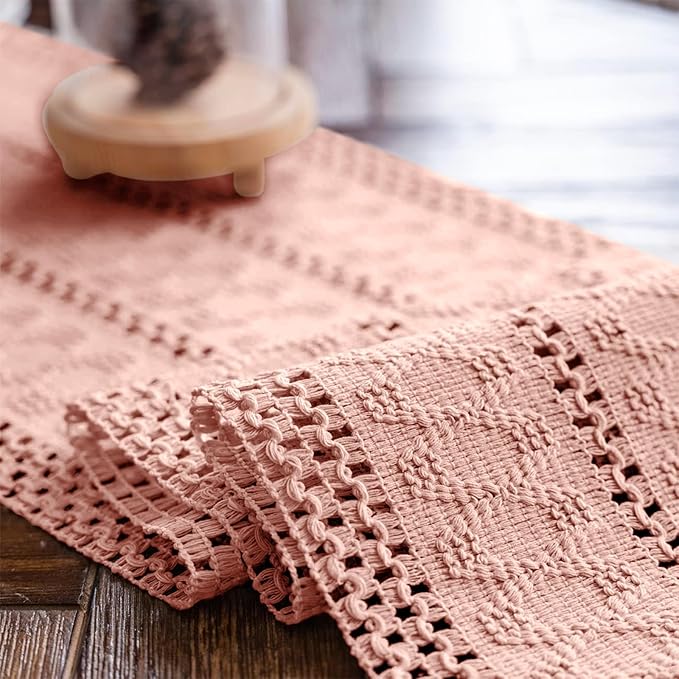 Alynsehom Macrame Table Runner Pure Pink Boho Table Runners with Tassels Hand Woven Cotton Table Runner Rustic Farmhouse Table Runners for Bohemian Kitchen Dining Table(12x71in)