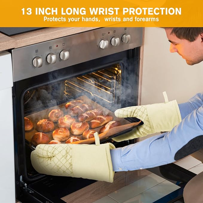 6 Pcs Oven Mitts and Pot Holders, 500℉ Heat Resistant Oven Mitts with Kitchen Towels Soft Cotton Lining and Non-Slip Silicone Surface Safe for Baking, Cooking, BBQ (Milkshake/Beige)