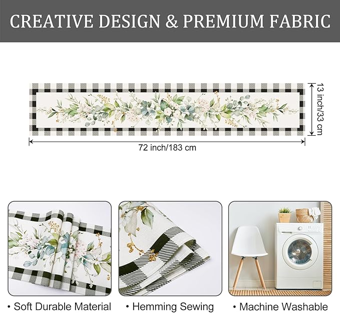 Bonhause Green Eucalyptus Leaves Flowers Table Runner 13x72 Inch Black White Buffalo Plaid Spring Plants Kitchen Dining Table Decoration for Indoor Outdoor Home Party Decor