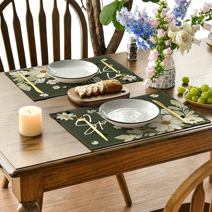 Artoid Mode Daisy Flowers Hello Spring Placemats Set of 4, 12x18 Inch Seasonal Summer Holiday Table Mats for Party Kitchen Dining Decoration