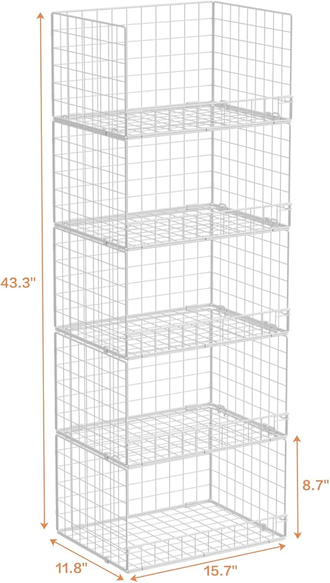 Yociyoga 5-Tier Stackable Closet Organizers and Storage Basket - Foldable Closet Shelf Organizer System, Space-Saving Clothes Storage Bins Drawer Organizer for Wardrobe, White (Patent Pending)