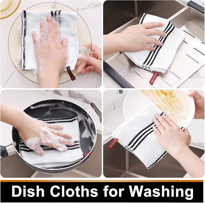 Mordimy 100% Cotton Waffle Weave Dish Cloths, 12 x 12 Inches, Super Soft and Absorbent Quick Drying Dish Rags for Kitchen, 6-Pack, White & Black Stripe